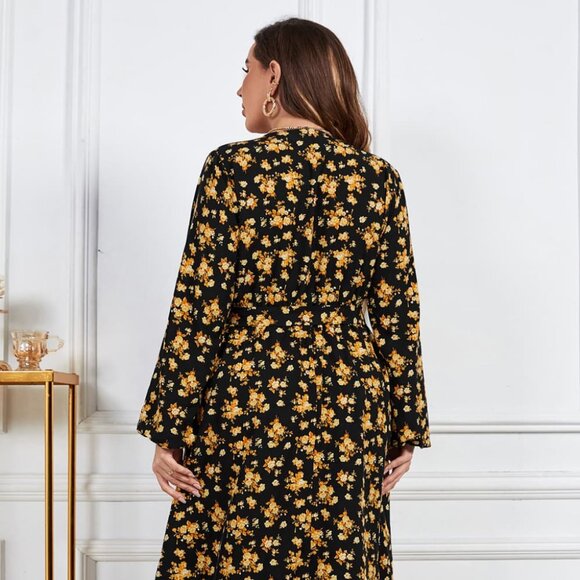 Melo Apparel Plus Size Floral Surplice Neck Long Sleeve Dress - Picture 5 of 7